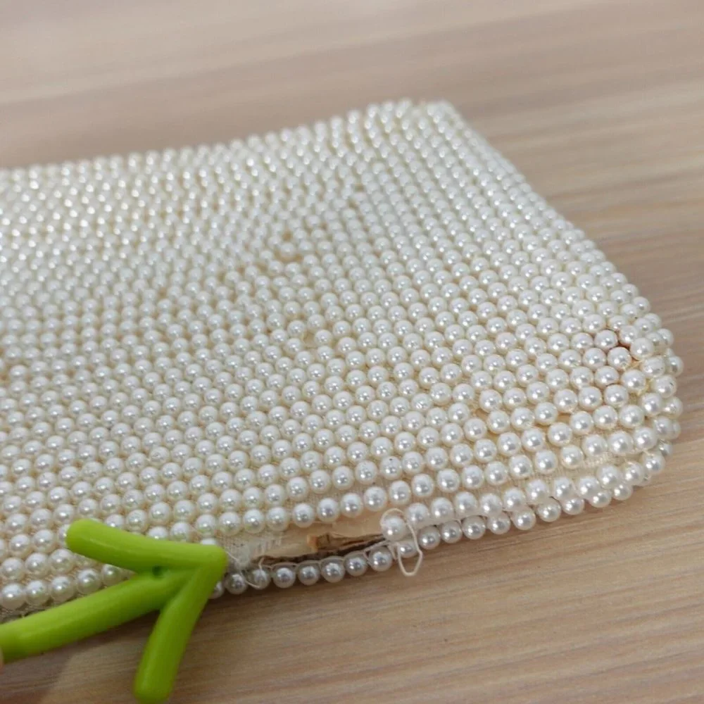 VINTAGE Boho Pearl Beaded Evening Clutch Bag Cream Art Deco Empress 70s Handmade